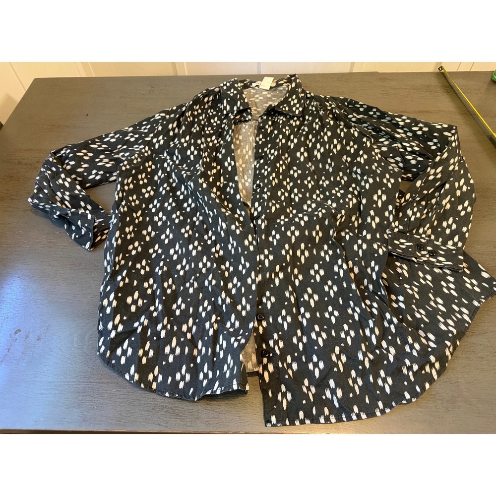 Roaman's Women 1X Black White Abstract Print Button Down Long Sleeve Shirt Top